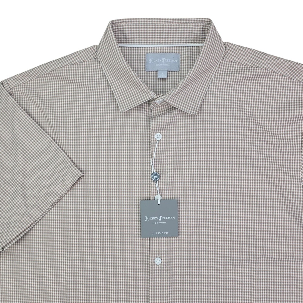 Hickey Freeman Classic Fit Shirt Mens Large Brown Check Stretch Short Sleeve NWT